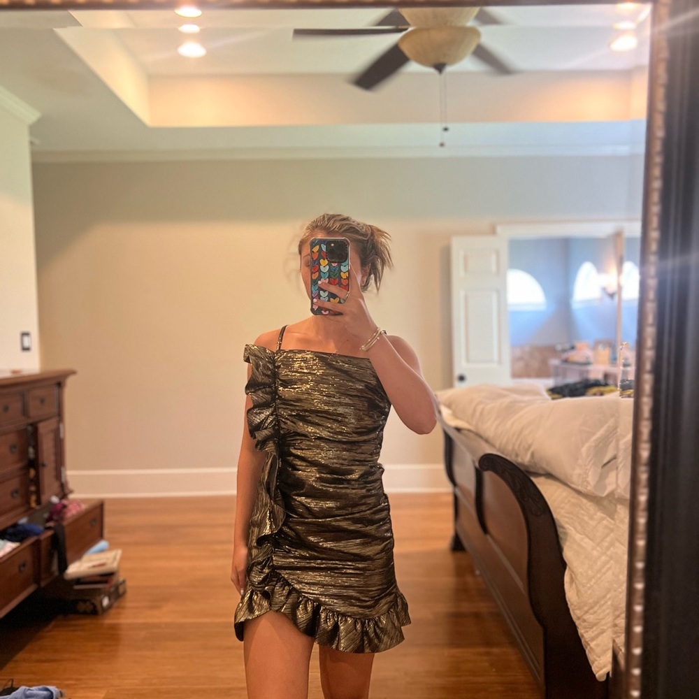 DO+BE Gold Ruched One Shoulder Cocktail Dress